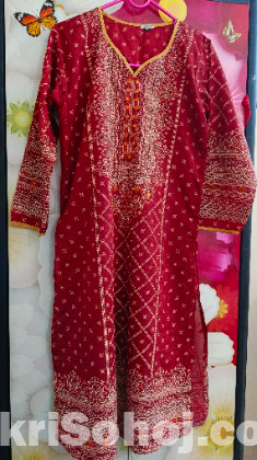 Red Organza and Silver Silk Kurti, Size 40-42